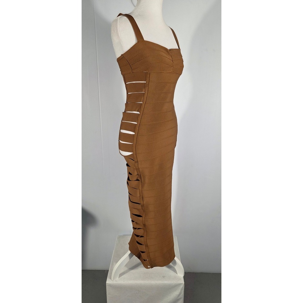 Fashion Nova Brown Bandage Cutout Midi Dress Spaghetti Strap Bodycon Women's S - Picture 3 of 8